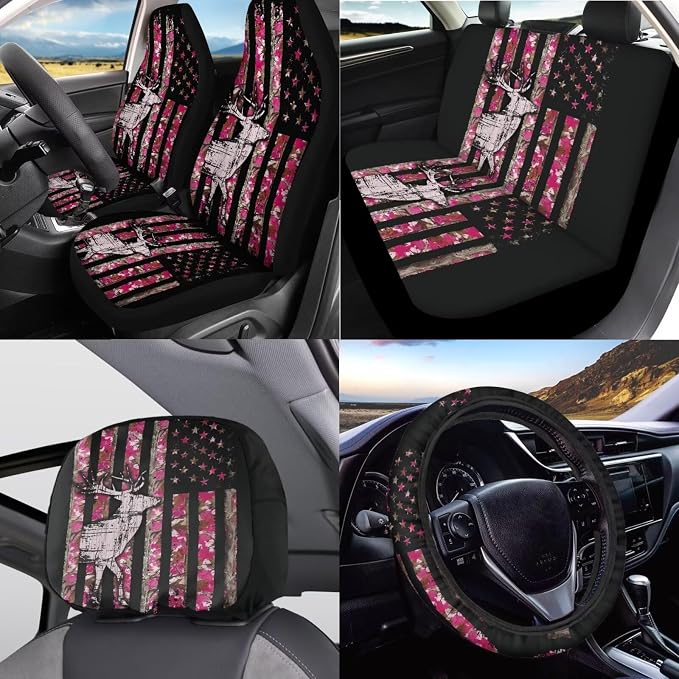 KEIAHUAN Car Seat Covers Full Set 11 PCS Branch Deer Camo Hunting Design with Handbrake Gear Shift Knob Cover/Steering Wheel Cover/Car Coasters/Headrest Cover Fit Most Van Sedan Truck SUV