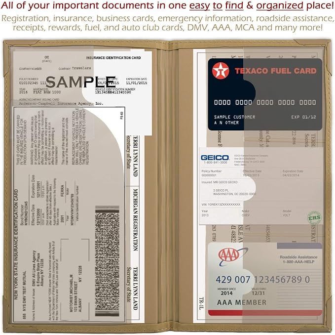 PlusXpres Auto Insurance and Registration Card Holder - Vehicle Glove Box Document Organizer - Car Essential Paperwork Holder for DMV, AAA, Contact Information Cards - BROWN + BEIGE + BLUE BUNDLE