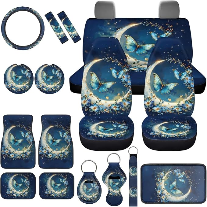 Butterfly Car Accessories Set 17 Pack Stars Moon Butterfly Car Seat Covers Full Set with Car Mats Full Set,Cup Coaster,Center Console Cover,Seat Belt Shoulder Pad,Lip Balm Keychain Holder
