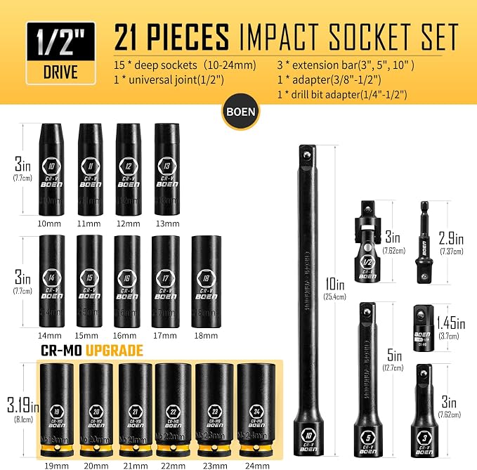 BOEN Pro 1/2" Drive Metric Deep Impact Socket Set, 21-Piece CR-MO &CR-V Steel, Upgraded Torque & Durability, 10mm-24mm, Includes Extension Bars, Universal Joint, Adapter – Meets ANSI
