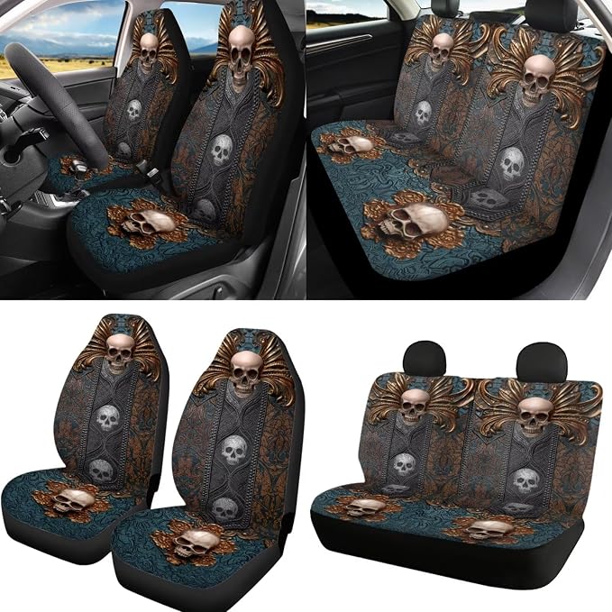 Skull Printed Car Seat Cover Full Set with Steering Whell Cover Seatbelt Cover Washable Auto Seat Protector Universal Auto Interior Accessories, Brown
