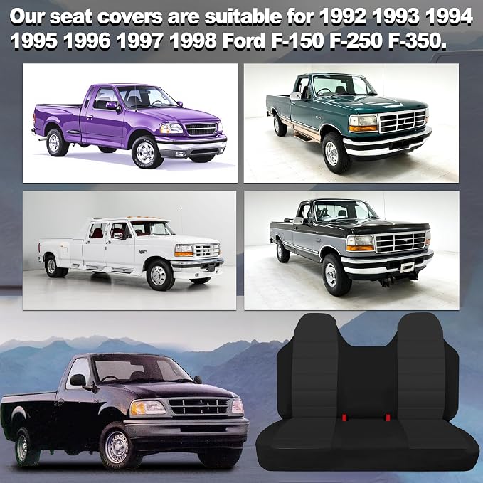 Custom Bench Seat Covers for Ford F150 F250 F350 1992 1993 1994 1995 1996 1997 1998 Heavy Duty Cloth Protector Interior Accessories，Waterproof & Machine Washable - Black