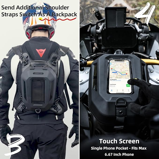 Rhinowalk Motorcycle Tank Bag Waterproof Hard Shell Motorbike Tank Bag with Touch Screen Phone Pocket, Detachable Top Cover, 5.6L Backpack Motor Cycle Accessories