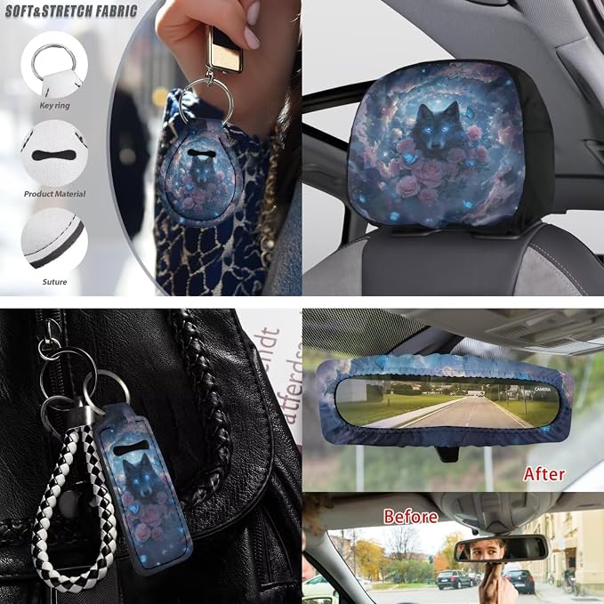 Wolf Rose Butterfly Auto Seat Protector Full Set Decorative Car Accessories Set 15 Pack, Non Slip Car Steering Wheel Covers Armrest Pad Shoulder Strap Protector, Blue