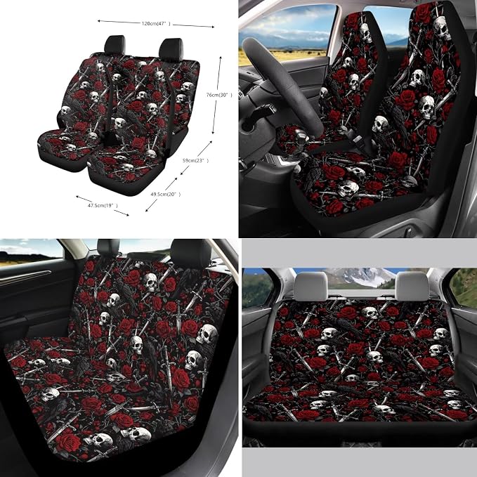 Xoenoiee Skull Crow Red Roses Print Car Seat Covers and Accessories, Front Rear Seat Covers, Steering Wheel Cover, Seat Belt Pads, Coasters, Keychains for Car SUV Decor, 11 PCS Set