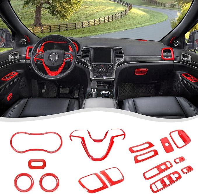 16PCS Full Set Interior Trim Kit Compatible with 2014-2020 Jeep Grand Cherokee,Dashboard Panel Side Outlet Decorative Cover (Red)