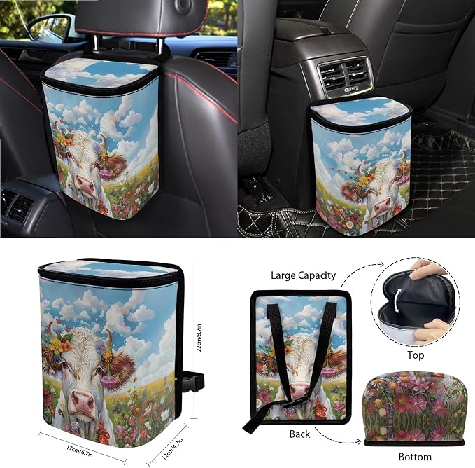 Cow Floral Print 15 PCS Car Front Back Seat Cover Full Set, Seat Belt Strap Pad Steering Wheel Covers Air Vent Storage Bag Cup Holder Rear View Mirror Cover Key Chain Auto Decor