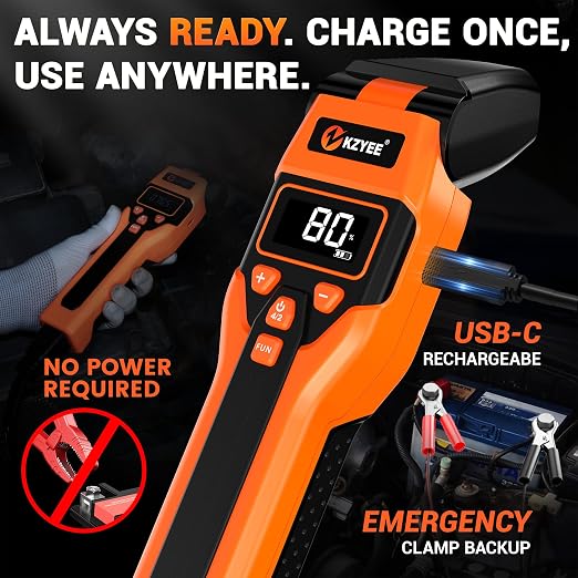 KZYEE KT80 Digital Timing Light with Tachometer (RPM), Advance, Dwell Meter & 0-35V Voltage Test, 60° Adjustable LED Strobe, USB-C Rechargeable & 12V Backup, for Distributor Gas Engines