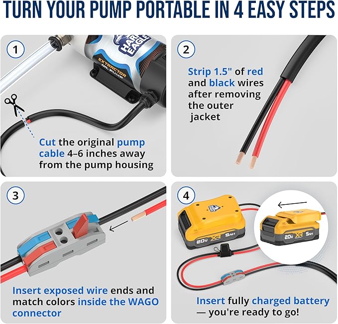 Harpy Eagle Battery Adapter for Yellow 20V MAX Batteries – Compatible Oil Extractor Pump – Includes 30A Fuse, WAGO Connectors & 12AWG Wires – Battery & Pump Not Included