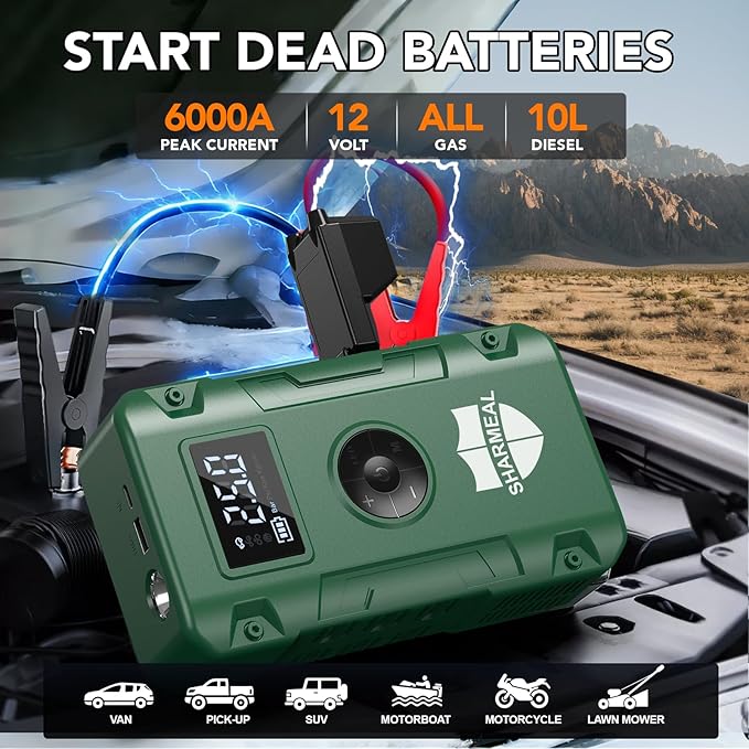 Sharmeal Jump Starter 6000A,12V Car Battery Jump Starter with Air Compressor (Up to All Gas or 10.0L Diesel Engine), Battery Booster with 3 Modes Flashlight and Jumper Cable