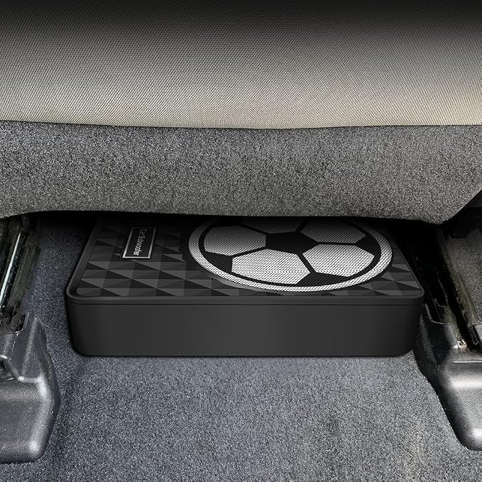 litillbuly 10 Inch 800W Slim Under Seat Car Subwoofer with Built-in Amplifier | High/Low Level Inputs | Remote Bass Control | for Car & Truck Audio | Includes Wiring Kit (Football Design)