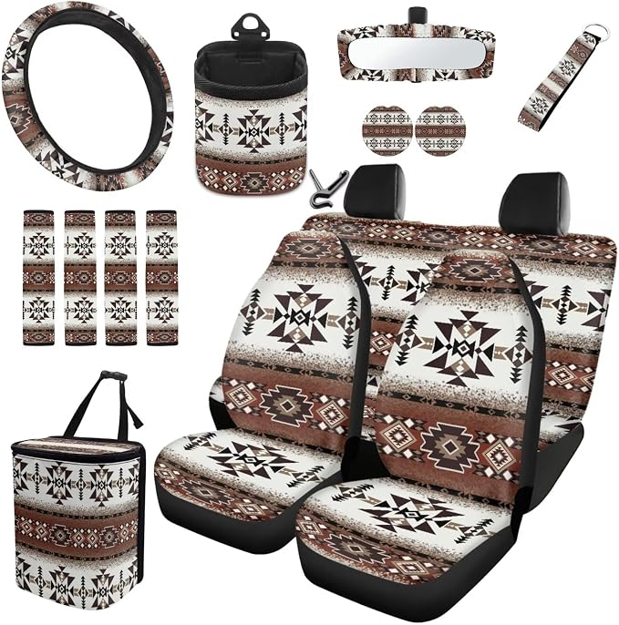 Dreaweet Navajo Car Seat Covers Full Set 15 Pcs Southwestern Native American Geometric Tribal Steering Wheel Cover Seat Belt Pads Coasters Trash Bag Vent Storage Pouch Rearview Mirror Cover Keychain