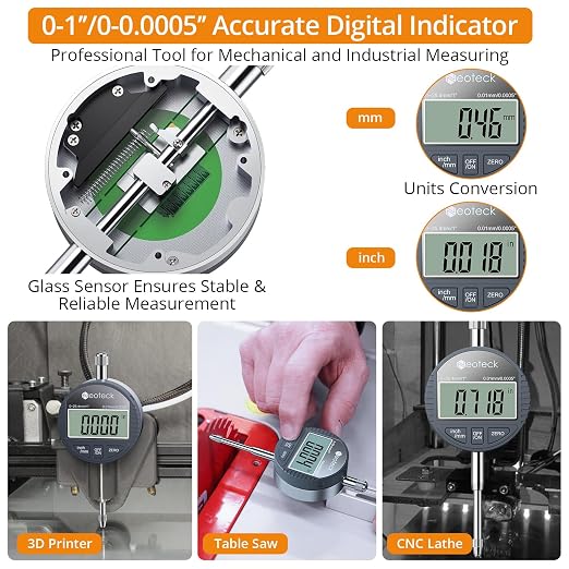 Neoteck 0-1”(0.0005") Digital Dial Indicator Gauge and 132 lbs (60kg) Max Pull Magnetic Base,Digital Dial Indicator Set with Inch/Metric Conversion for 3D Printer and CNC Machine