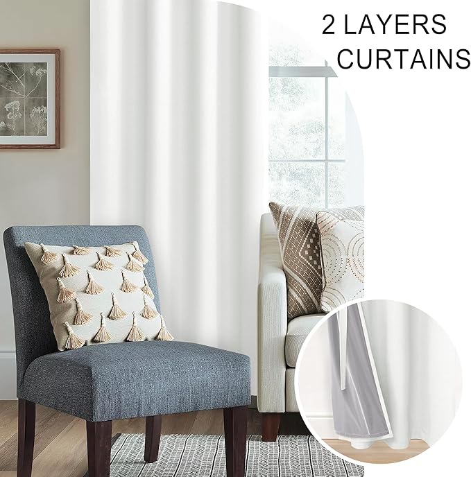 XWZO 100% Blackout Curtains 108 Inches Long with Tiebacks- Heat and Full Light Blocking, Thermal Insulated Window Panels with Grommets for Bedroom/Nursery, Ivory, W52 x L108, Set of 2 Draperies