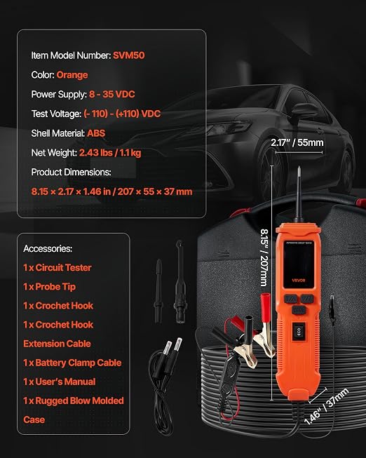 VEVOR Automotive Circuit Tester, 8-35 DCV Power Circuit Probe Tester with TFT Color Display and Lighting, Automotive Power Tester Probe with 19.7 ft / 6 m Cable, 2-in-1 Electrical Detector Finder