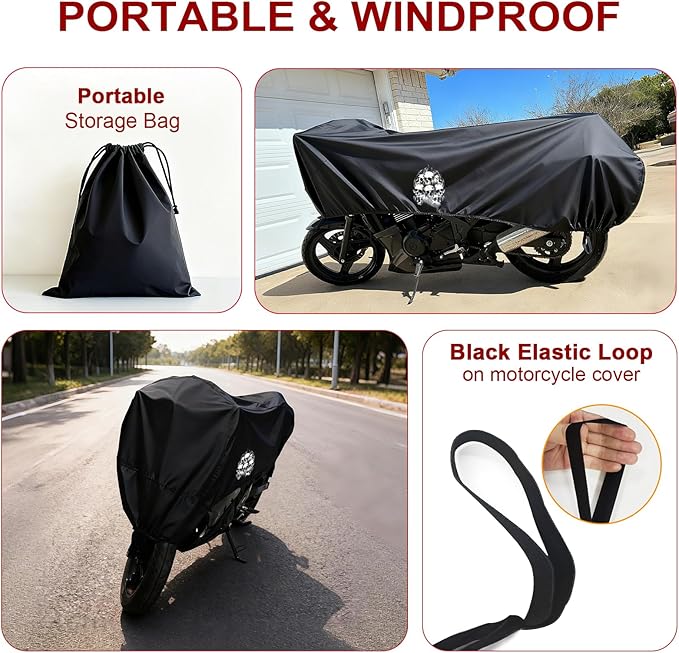 Dream Apparel Motorcycle Half Cover, Waterproof Motorcycle Cover for Outdoor, Rain Snow Dust Protection Universal Fit Heavy Duty Motorbike Vehicle Cover with Storage Bag, Black with Skull L
