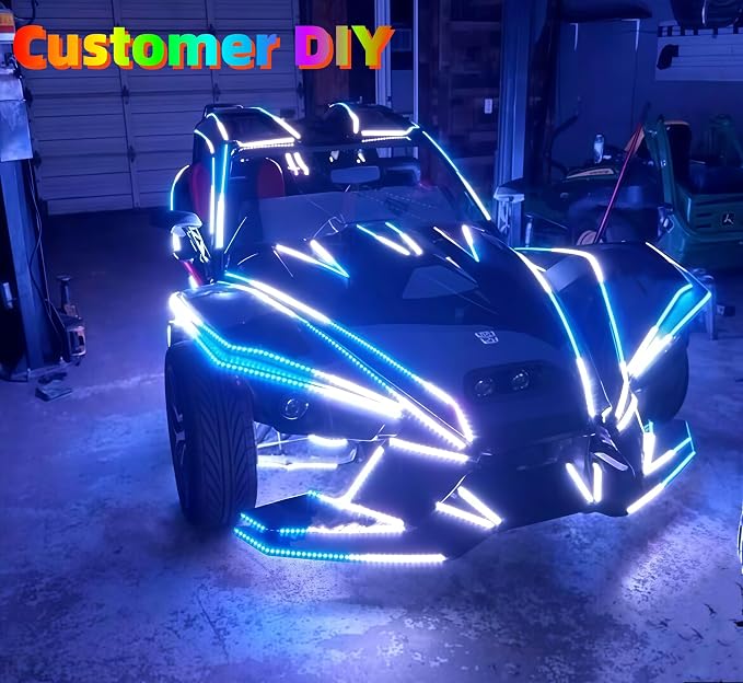 2PCS 16.5FT RGB Dream Color Chasing LED Light Strips Fit for Polaris Slingshot, Smoked Tinted Full Black Out PCB Accent Lights with App & Remote, IP65 Waterproof 33FT Total Underglow Kit