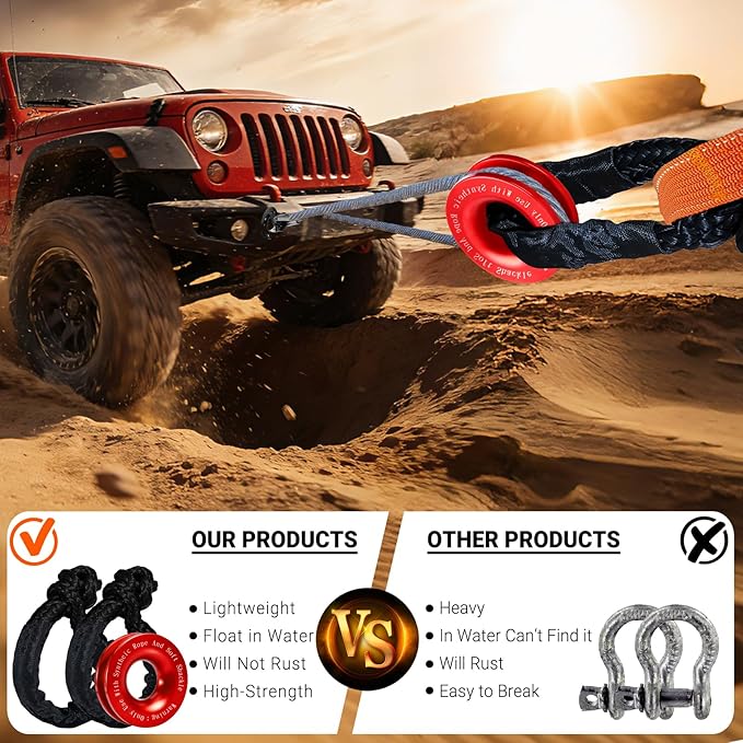 Synthetic Soft Shackle Rope 1/2" x 22" Black Recovery Tow Shackles with Red Recovery Ring 56,000lb Breaking Strength Soft Shackle Recovery Kit for SUV ATV Truck Jeep, Safer Than Metal Shackle