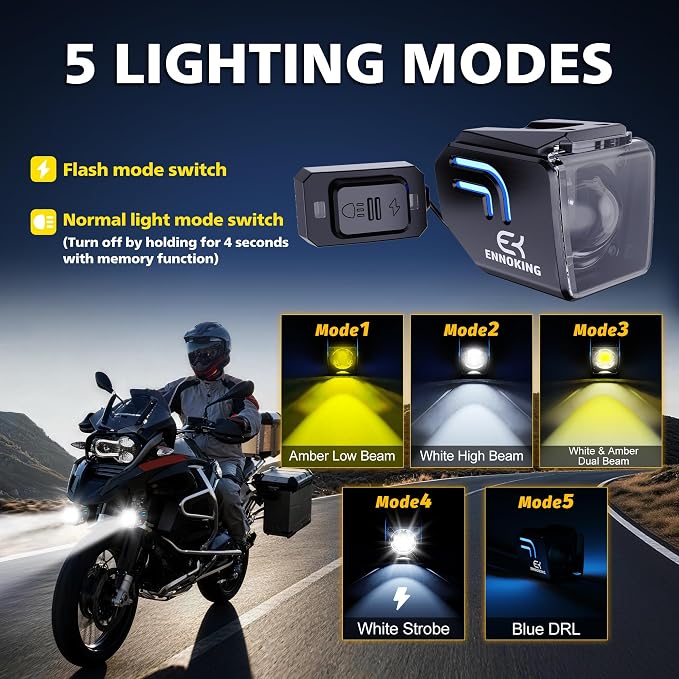 Motorcycle LED Fog Lights 2 Inch White/Amber Dual Color LED Pods Auxiliary 4 Modes Strobe Square Driving Light Spotlights with Blue Backlight for ATV UTV Off-Road Truck Pickup Tractor RV