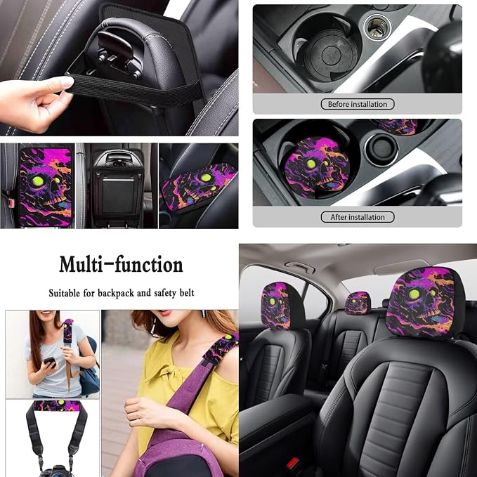 Skull Print 15Pcs Automotive Seat Covers Full Set Universal Car Front Rear Seat Covers with Decorative Steering Wheel Cover Center Console Pad Safety Belt Pads Headrest Protectors