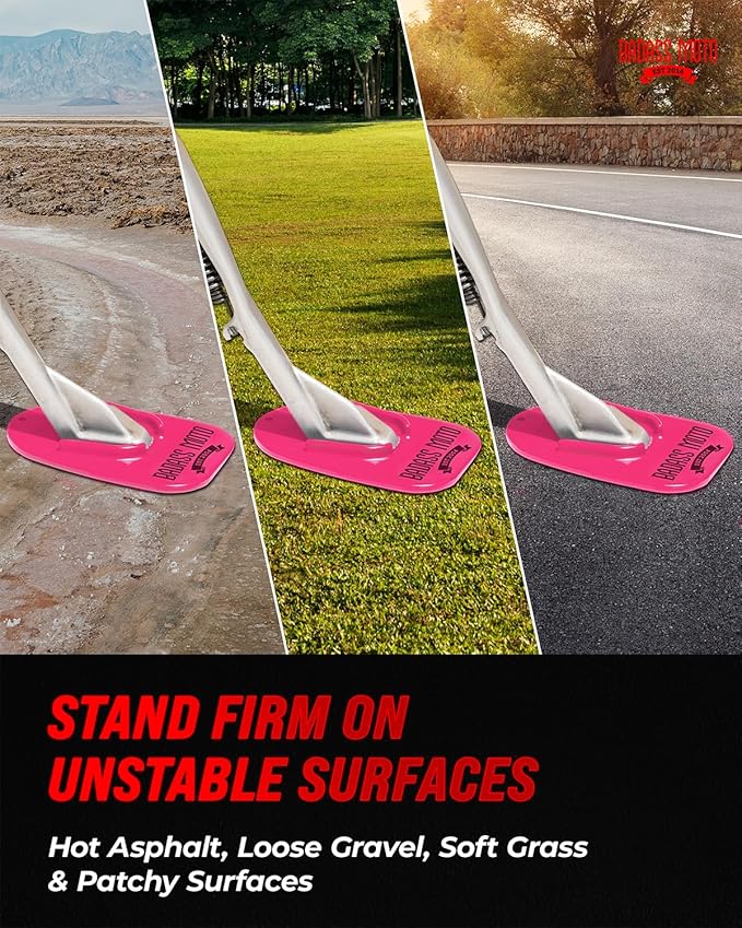 Badass Moto Motorcycle Kickstand Pad, Kick Stand Puck, Coaster Plate for Harley Davidson Touring, Sport Bike, Motorcycle Accessories for Women, Grass, Dirt, Hot Pavement Parking Pad, Made in USA, Pink