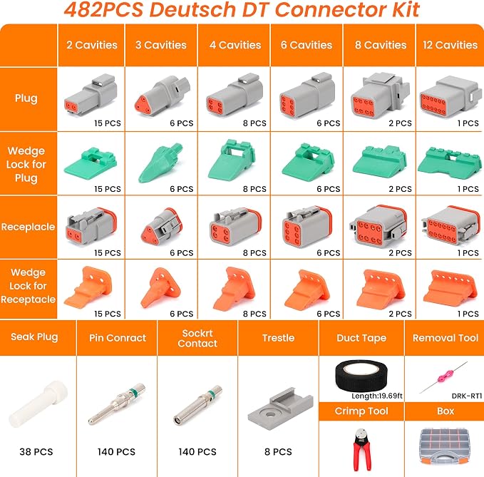 482 PCS DT Deutsch Connector Kit with 2 3 4 6 8 12 Pin Waterproof Automotive Electrical Connectors, Includes Deutsch Crimping Tool & Removal Tool, Size 16 Solid Contacts (14-20AWG)