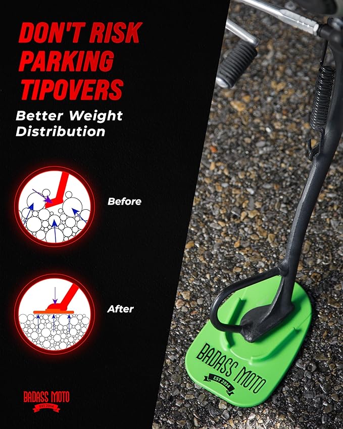 Badass Moto Motorcycle Kickstand Pads - Motorcycle Pads Durable Motorcycle Kickstand Plate, Biker Kick Stand, Motorcycle Stand Pad - Park Your Bike on Hot Pavement, Grass- Go Fast Green(4-Pack)