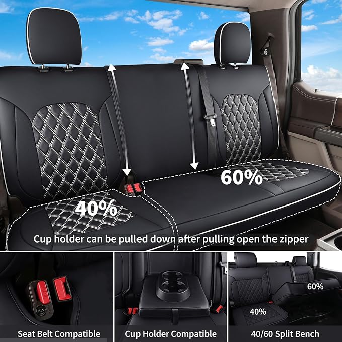 Huidasource Fit for GMC Sierra/Chevy Silverado Rear Seat Cover, Thickened Split Nappa Leather Truck Back Seat Cover 2007-2013&2019-2025 1500, 2020-2025 2500HD 3500HD Crew Cab WT LS LT, Black＆White