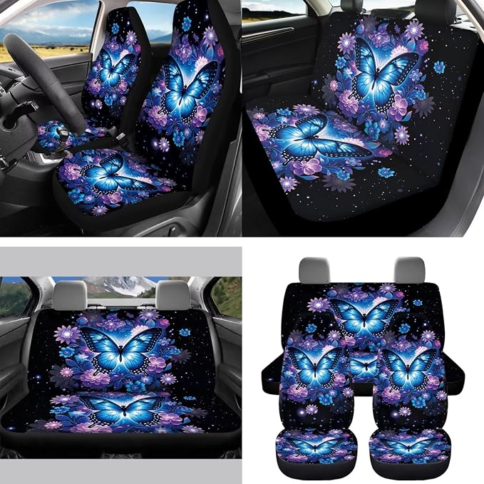 Blue Butterfly 15Pcs Car Seat Cover Full Set Car Steering Wheel Cover Seat Belt Cover Trash Bin Front Rear View Mirror Car Cup Holder Keychain