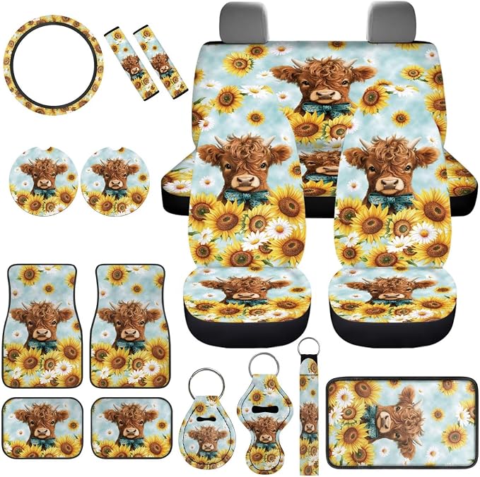 Highland Cow Car Seat Covers Full Sets 17 Pack Sunflower Car Accessories Set with Auto Front Rear Foot Carpet,Sunflower Seat Belt Shoulder Pad,Steering Wheel Covers,Cup Mats,Universal Fit