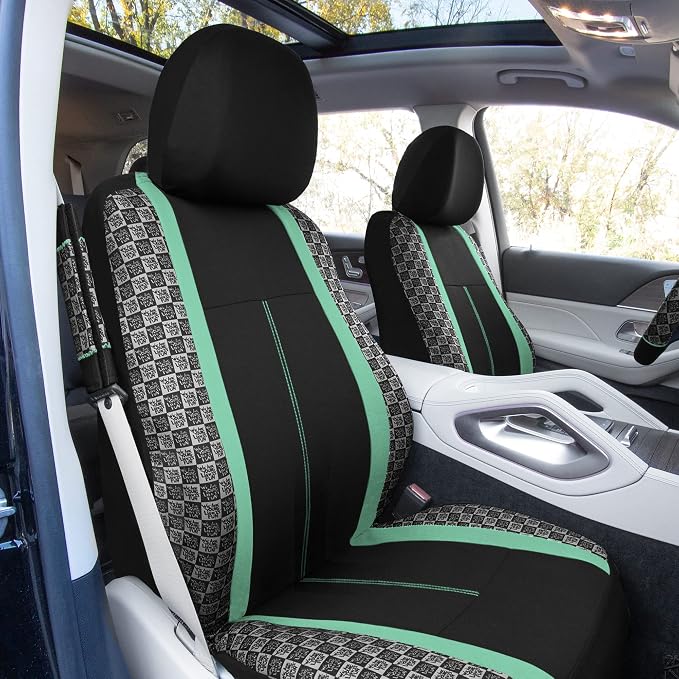 We Are Young Life is Fun™ Checker Car Seat Covers Universal Fit Interior Accessories Full Set Mint Seat Cover Combo Steering Wheel Cover and Seat Belt Pads, Airbag and Split Rear Car Seat Covers