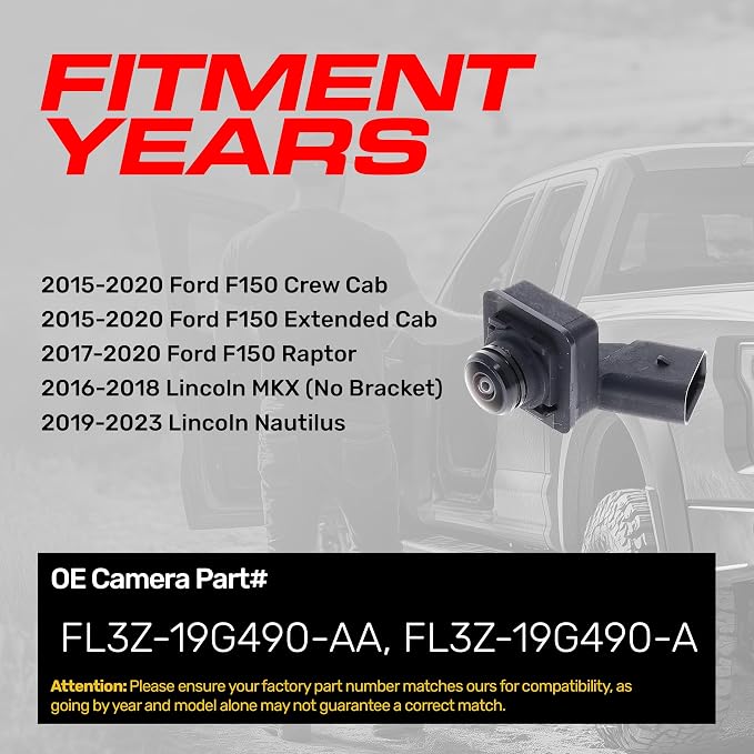 Master Tailgaters Replacement for Ford F150 Crew/Extended Cab (15-20), F150 Raptor (17-20) / Lincoln MKX (16-18), Nautilus (19-23) Right Side View Backup Camera OE Part# FL3Z-19G490-AA, FL3Z-19G490-A