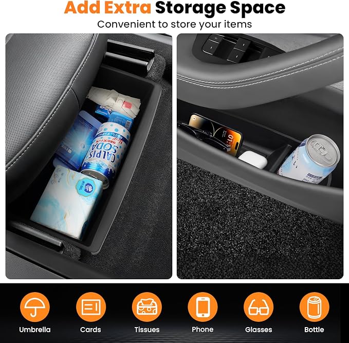 Canvcle 6PCS Under Seat Storage Box Organizer & Door Side Storage Box for 2025 2026 Tesla Model Y Juniper Accessories, Front Seats Underseat Storage Bins Door Tray Insert, Hidden Organizer TPE Black