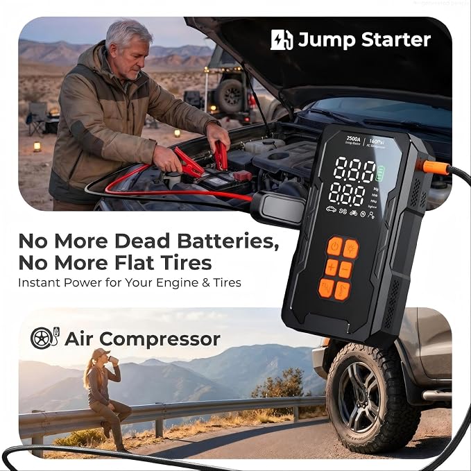 Jump Starter with Air Compressor 160PSI, 12V Car Battery Jumper Starter Portable (8.0L Gas/6.0L Diesel), Car Battery Charger Jump Box Cables with Auto-Shutoff Tire Inflator and LED Light, Black