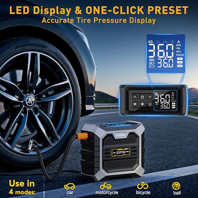 ZOPOM Tire Inflator Portable Air Compressor DC 12V Air Compressor Portable with Digital Pressure Gauge Air Pump for Car Tires - Car Accessories Bike, Motor