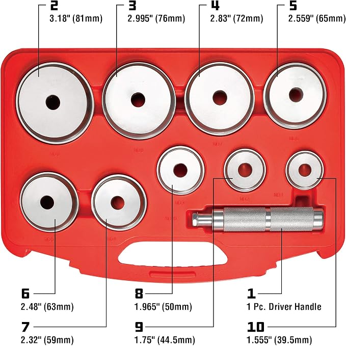 Powerbuilt 10 Pc. Master Bearing Race and Seal Driver Kit – Includes 9 Precision Wheel Inserts (1.565" to 3.180") for Easy Installation and Removal of Races and Seals – 948004