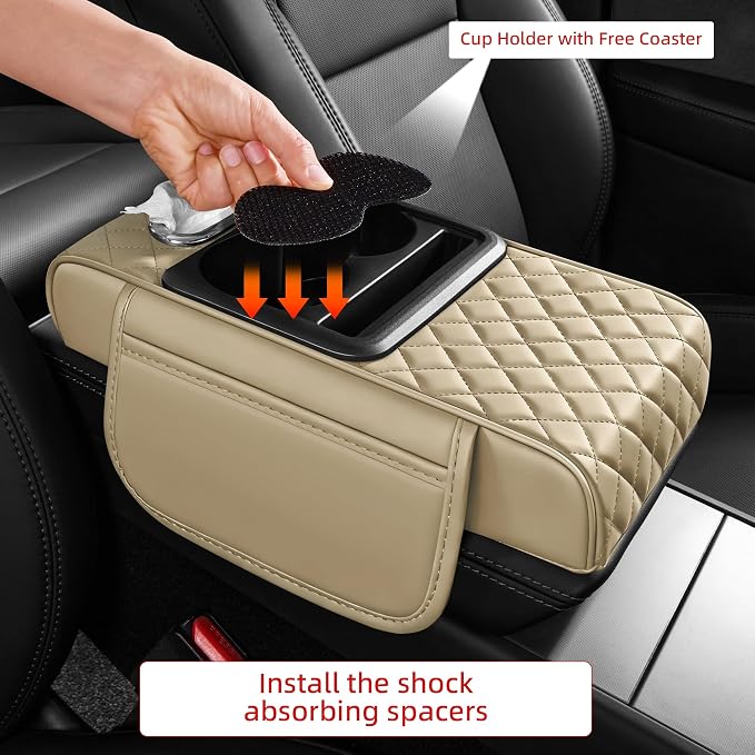 5 in 1 Nappa Leather Console Armrest Cover, Beige | Built-in cup holder, tissue slot, phone holder & 2 storage pockets, practical car accessories fit SUV sedan truck