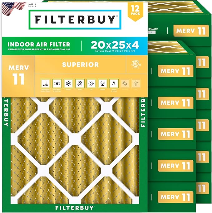 Filterbuy 20x25x4 Air Filter MERV 11 Superior Pet & Allergy Defense (12-Pack), Electrostatic Pleated HVAC AC Furnace Filters Replacement (Actual Size: 19.50 x 24.50 x 3.63)
