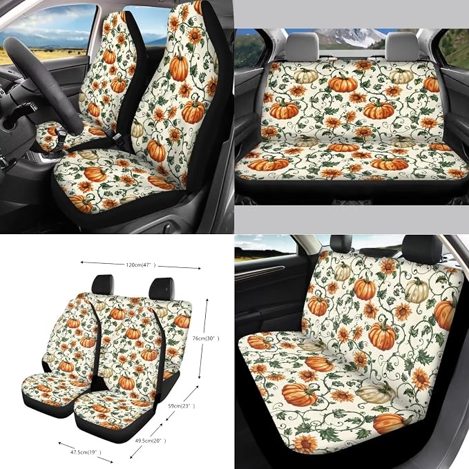 Pumpkin Sunflower Print Full Set Car Seat Cover, Steering Wheel Cover, Seat Belt Pad, Trash Can, Keychain, Coasters, 15pcs Car Interior Thanksgiving Decoration