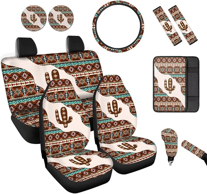 BIGCARJOB Aztec Cactus Print Car Seat Covers Full Set 12 Pcs Southwest Tribal Car Accessories for Women Auto Interior Seat Protector for Front Back,Armrest Pads,Steering Wheel Protector