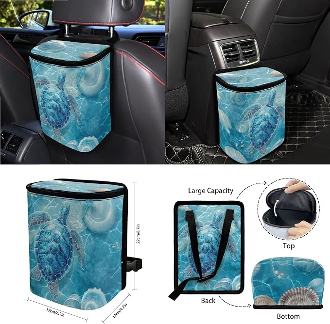 Turtle Shell Print Universal Fit Car Seat Cover Set Seatbelt Strap Pad Steering Wheel Covers Air Vent Storage Holder Trash Cans Cup Coasters Rearview Mirror Cover Keychain, 15 Pieces