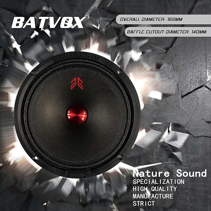 MX65P1 Loudspeaker 6.5 Inch Midrange 200 Watts 4 Ohms Red Dust Cap, Premium Quality Audio Door Speakers for Car or Truck Stereo Sound System, Black (2 Speakers)