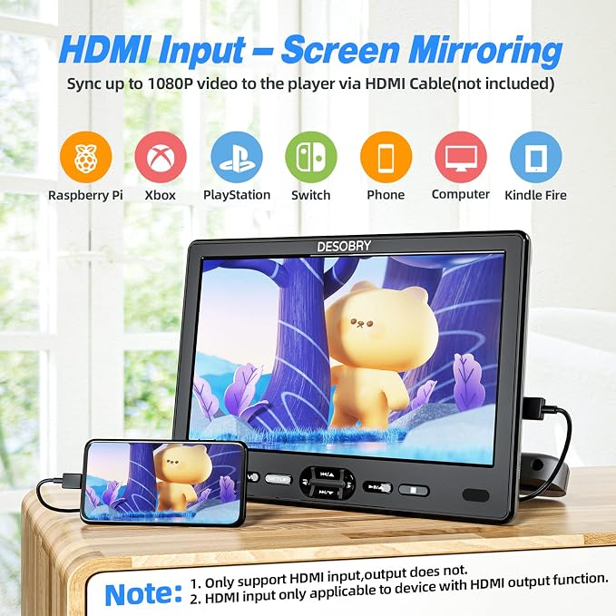 DESOBRY 10.5" Car DVD Player with Headrest Mount, Portable DVD Player for Car with Headphone, Suction-Type Disc in,Support 1080P Video,HDMI Input,USB/SD Card Reader,AV in/Out,Last Memory&Region Free