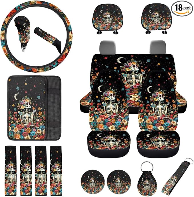 Skeleton Print Automotive Seat Covers Full Set Hippie Flower Print Front and Rear Split Bench Seat Cover Headrest Covers Steering Wheel Cover Safety Belt Pad Armrest Cushion