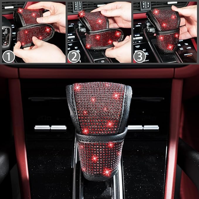NBTEPEM 12 Pcs Bling Car Accessories Set for Women Car Floor Mats Full Set Steering Wheel Cover Seat Belt Covers Coasters Universal Fit Car SUV Truck Van Red