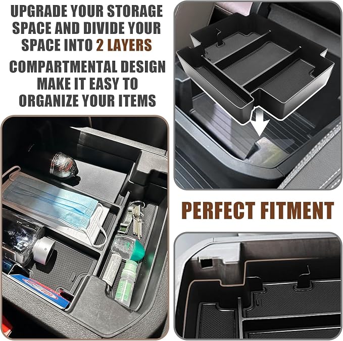 Muslogy for 2021-2024 2025 2026 Sliding Console Yukon Tahoe Suburban Center Organizer Armrest Storage Tray Compatible with GMC Yukon Chevy Tahoe Suburban Fit for Power Sliding Console (Black)