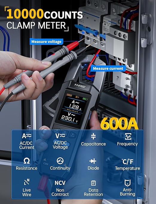 FNIRSI DMC-100 Digital Clamp Meter Multimeter 9999 Counts TRMS, 600A Curve Recording Rechargeable Amp Meter, Measures NCV, AC/DC Voltage Current, Continuity Capacitance Diode Resistance, Temperature