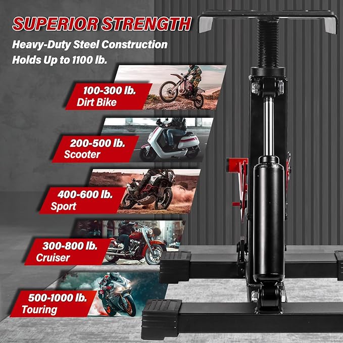 Adjustable Dirt Bike Stand & Powersport Jack 1000LBS Capacity, Heavy Duty Hydraulic Motorcycle Lift Stand & Center Stand for Maintenance
