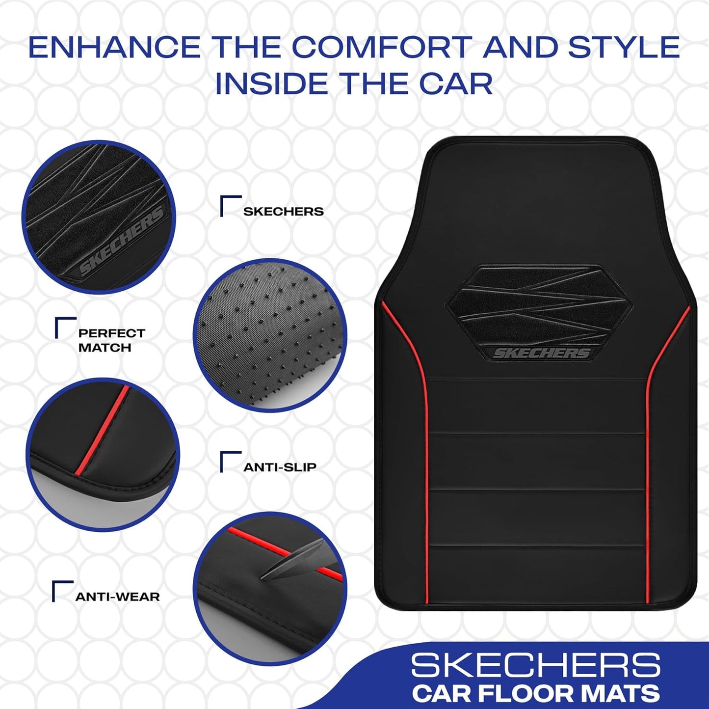 Skechers Memory Foam Car Mats,Leather Piping Floor Mats with Anti-Slip Pad,Universal Waterproof Fit Automotive Floor Mats for SUV,Vans,sedans,Trucks,Full Set 4pcs Red