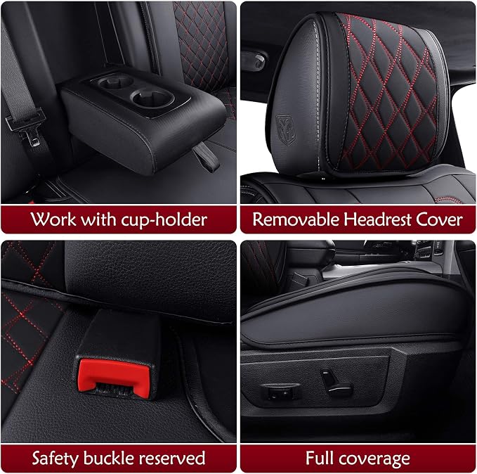 Aierxuan Dodge Ram Car Seat Covers Full Set Waterproof Leather Custom Fit 2009-2026 1500, 2010-2026 2500/3500 Crew Quad Regular Cab Truck Pickup with Split Bench 60/40(Full Set/Black-Red)